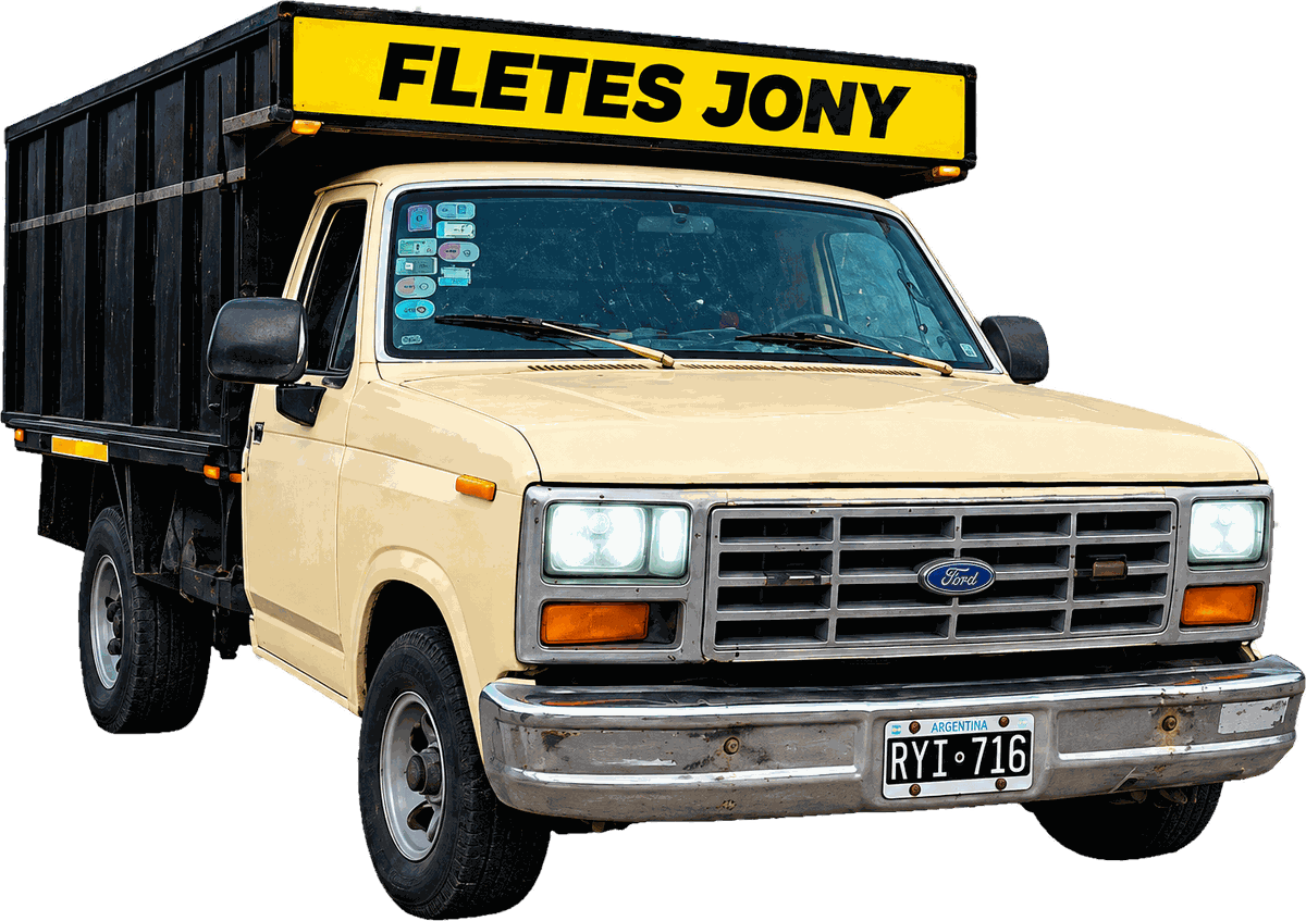 Camioneta Ford de Fletes Jony con caja negra y cartel amarillo